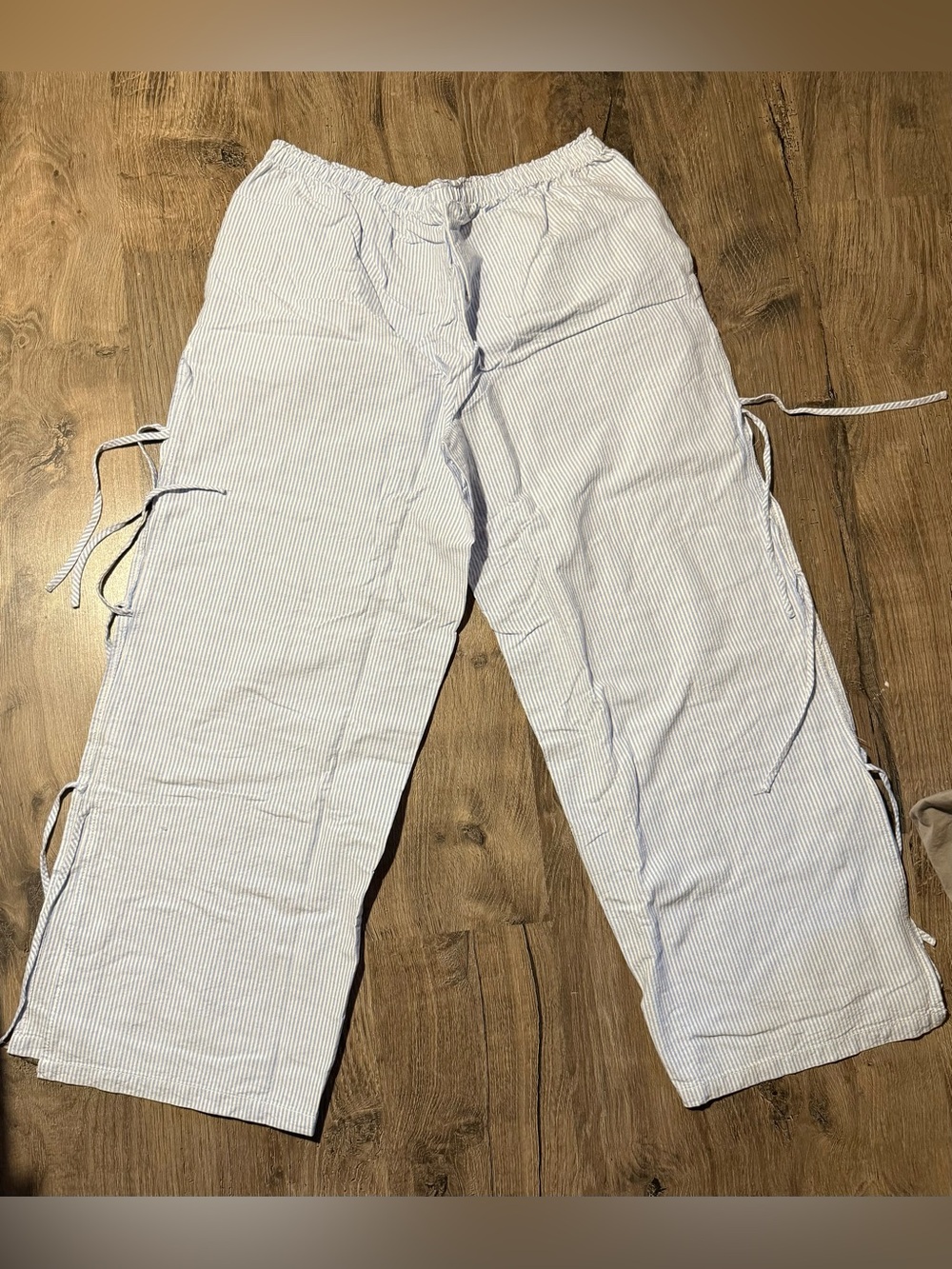 Women’s Wide Leg Drawstring Pinstripe Pants in Light Blue
